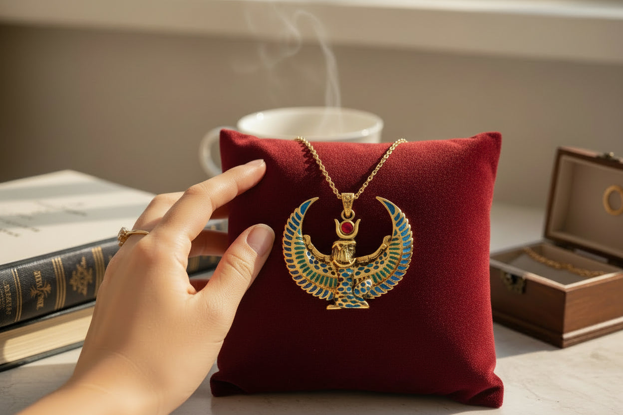 Large Gold Winged Goddess Isis Pendant Necklace, Winged Egyptian Goddess, Egyptian Jewelry, Divine Pendant, Gift for Men and Women