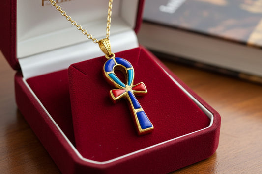 Gold Key Of Life Ankh Pendant Necklace, Lapis Lazuli, Turquoise & Coral Egyptian Jewelry