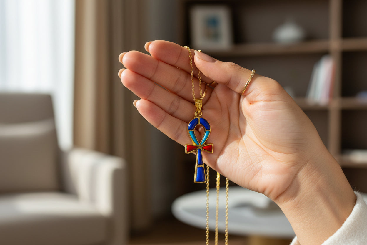 Gold Key Of Life Ankh Pendant Necklace, Lapis Lazuli, Turquoise & Coral Egyptian Jewelry