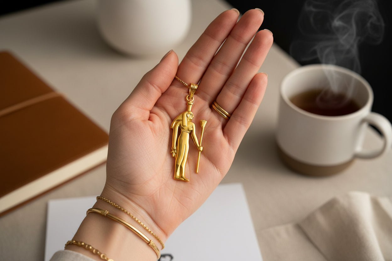 Gold Goddess Nephthys Large Pendant Necklace, Egyptian Jewelry Gifts for Men and Women