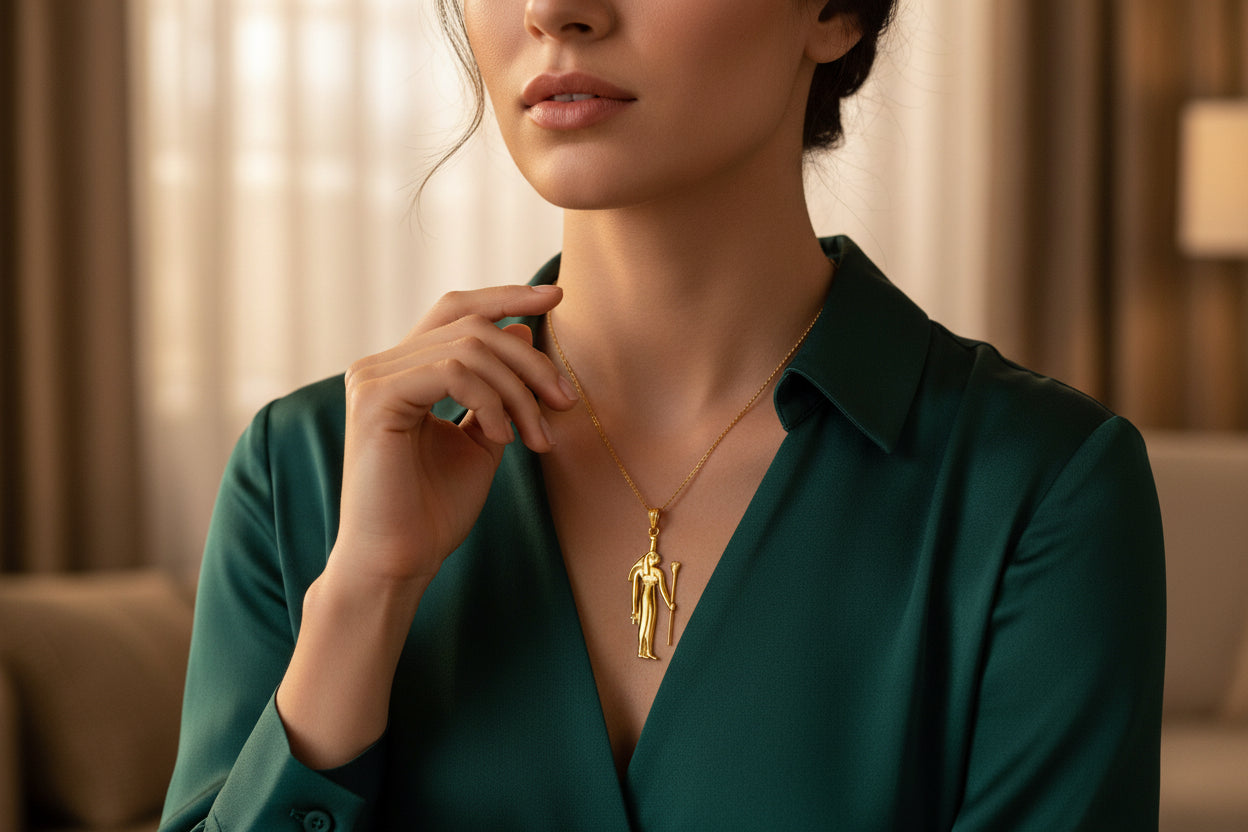Gold Goddess Nephthys Large Pendant Necklace, Egyptian Jewelry Gifts for Men and Women
