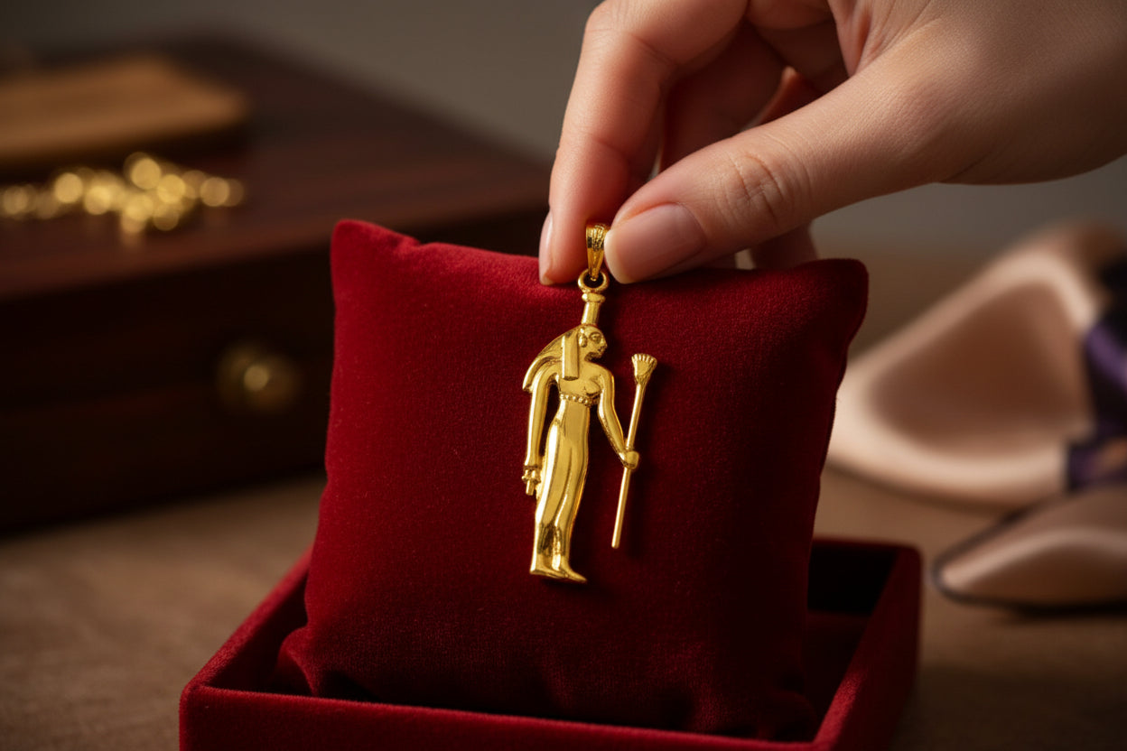 Gold Goddess Nephthys Large Pendant Necklace, Egyptian Jewelry Gifts for Men and Women