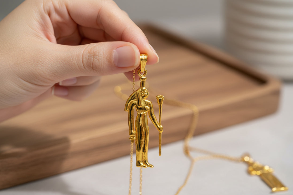 Gold Goddess Nephthys Large Pendant Necklace, Egyptian Jewelry Gifts for Men and Women
