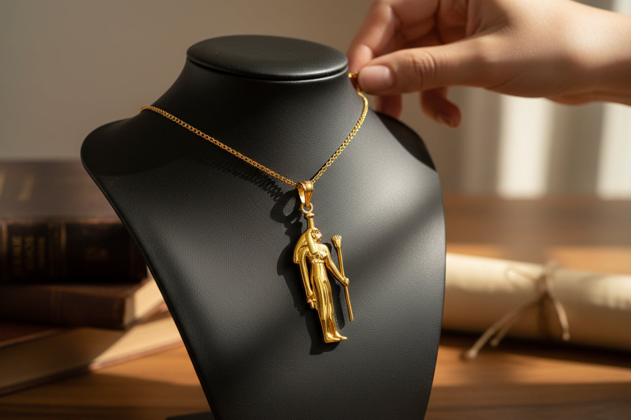 Gold Goddess Nephthys Large Pendant Necklace, Egyptian Jewelry Gifts for Men and Women