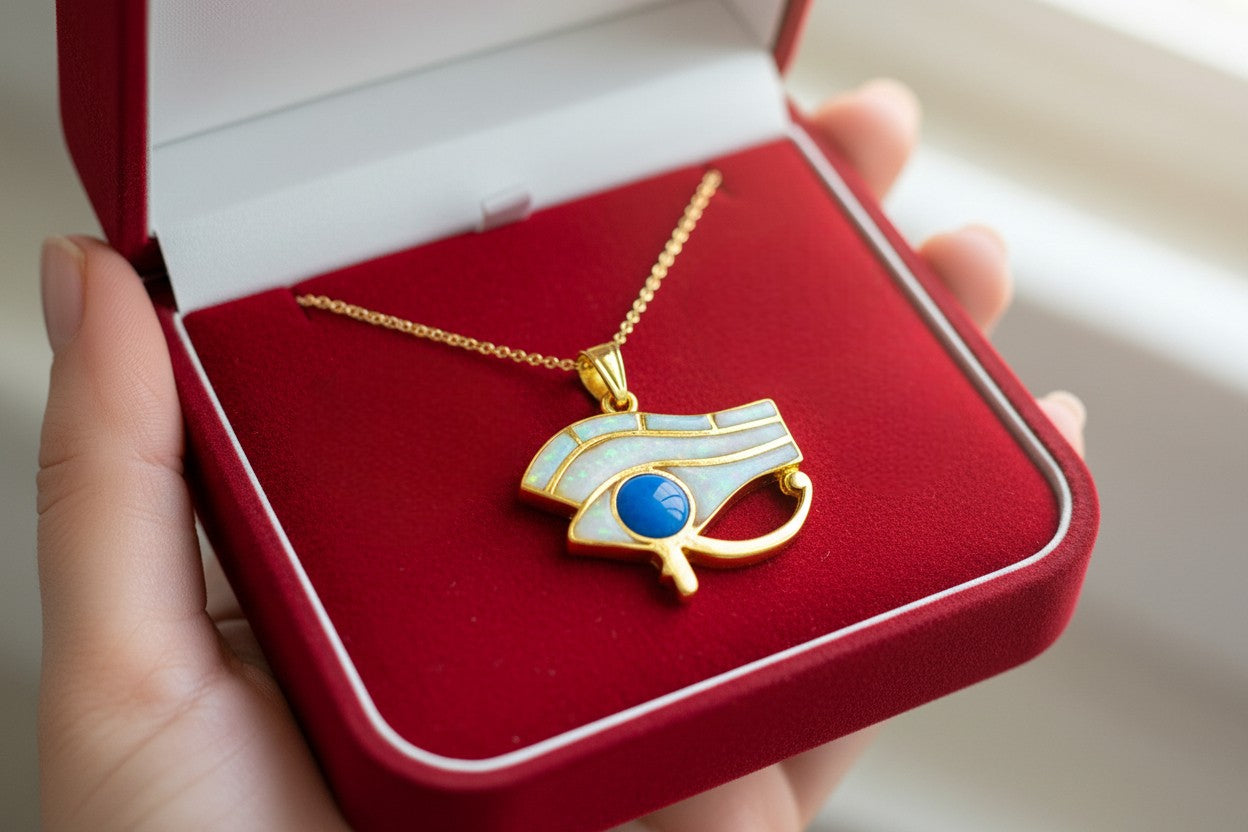 Gold Eye of Horus Opal Pendant, Handmade Egyptian Protection Necklace