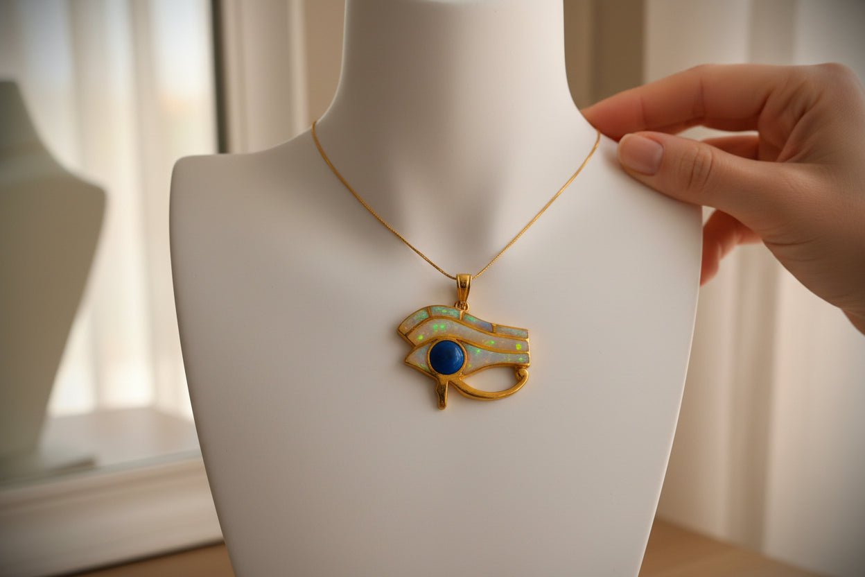 Gold Eye of Horus Opal Pendant, Handmade Egyptian Protection Necklace