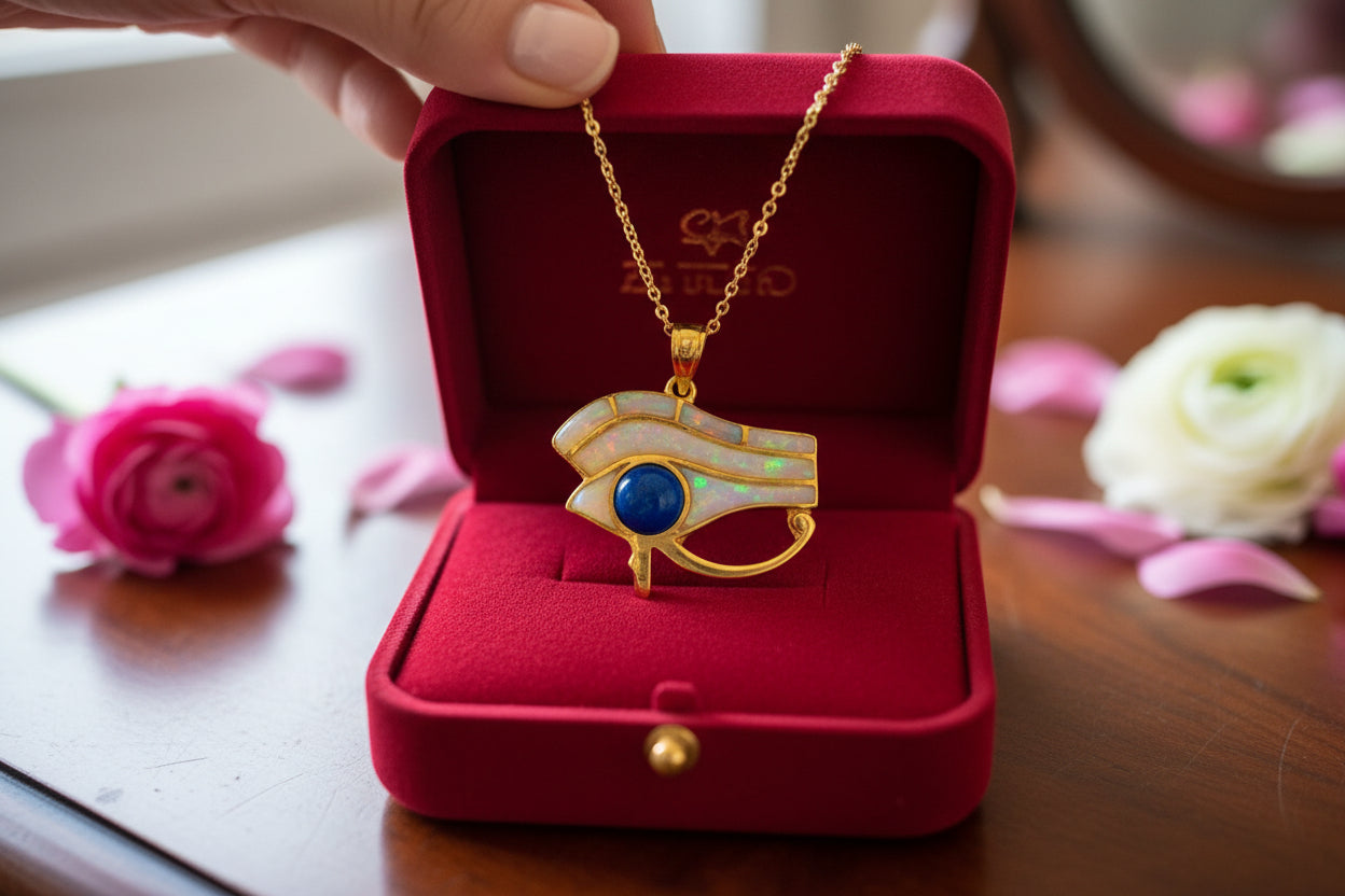 Gold Eye of Horus Opal Pendant, Handmade Egyptian Protection Necklace