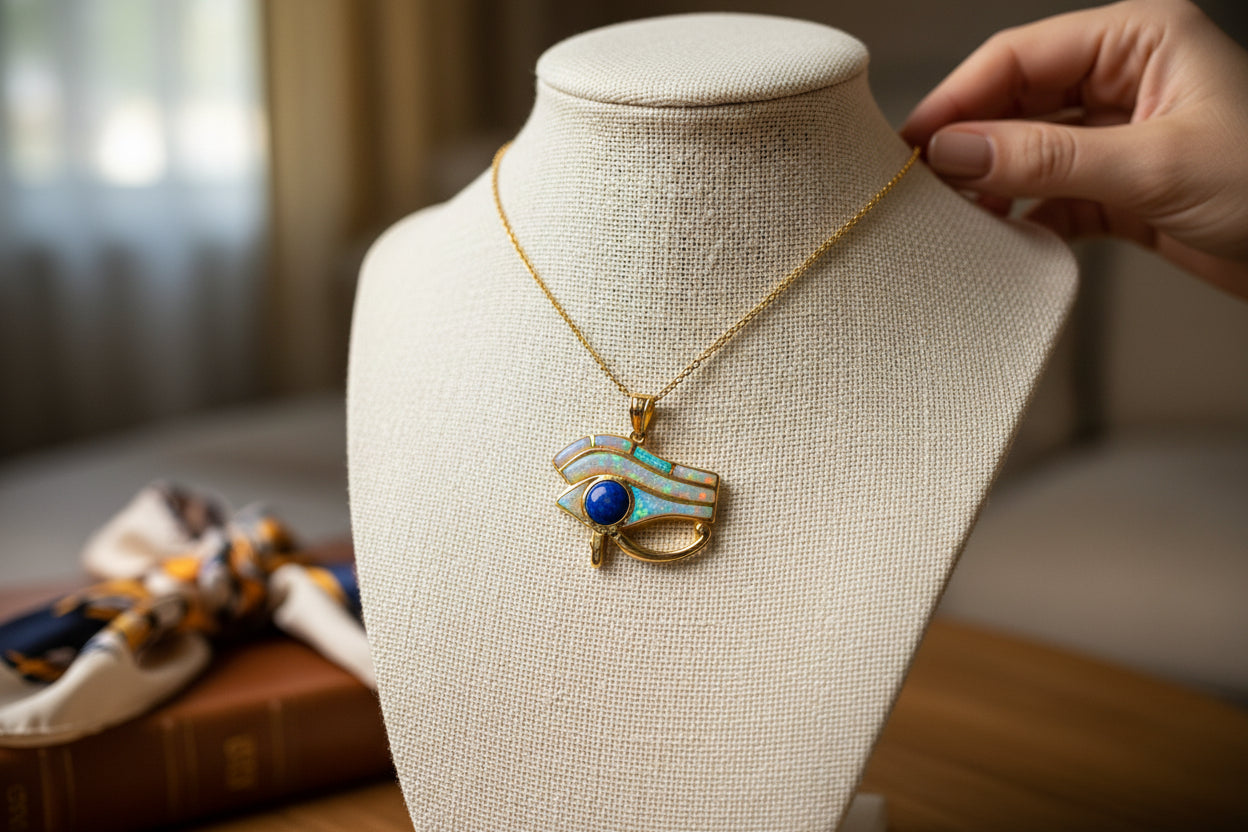 Gold Eye of Horus Opal Pendant, Handmade Egyptian Protection Necklace