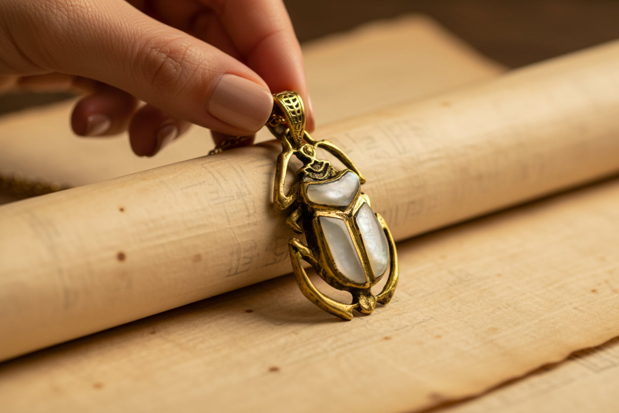 Gold Scarab Pendant Necklace, Mother of Pearl Egyptian Revival Jewelry