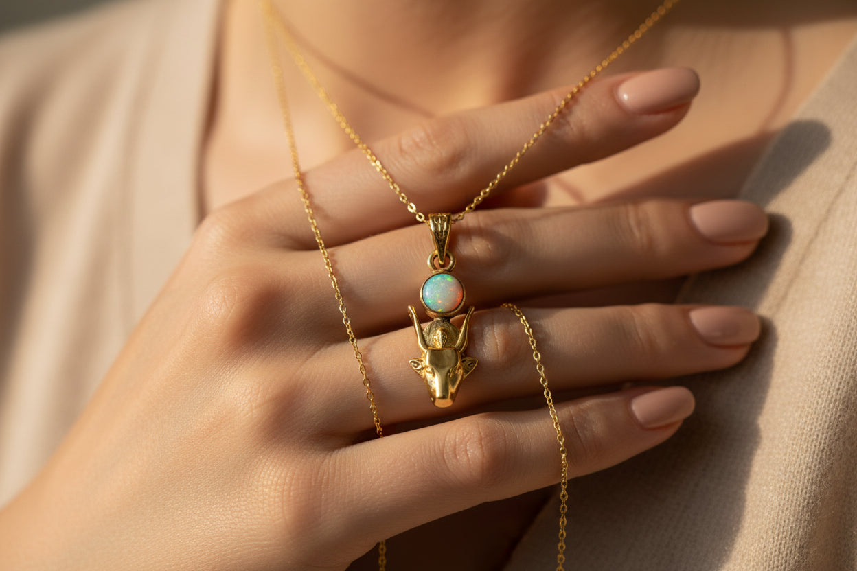 Gold Hathor Cow Head Pendant Necklace, Egyptian Opal Jewelry Gift