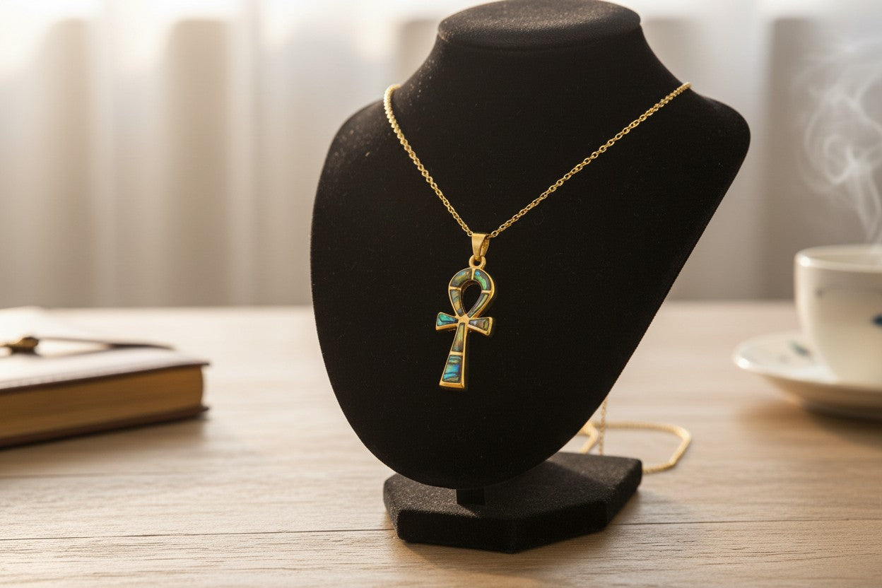 Gold Key of Life Pendant, Egyptian Abalone Ankh Necklace, Ancient Egypt Jewelry, Protection Amulet, Spiritual Gift for Her Him