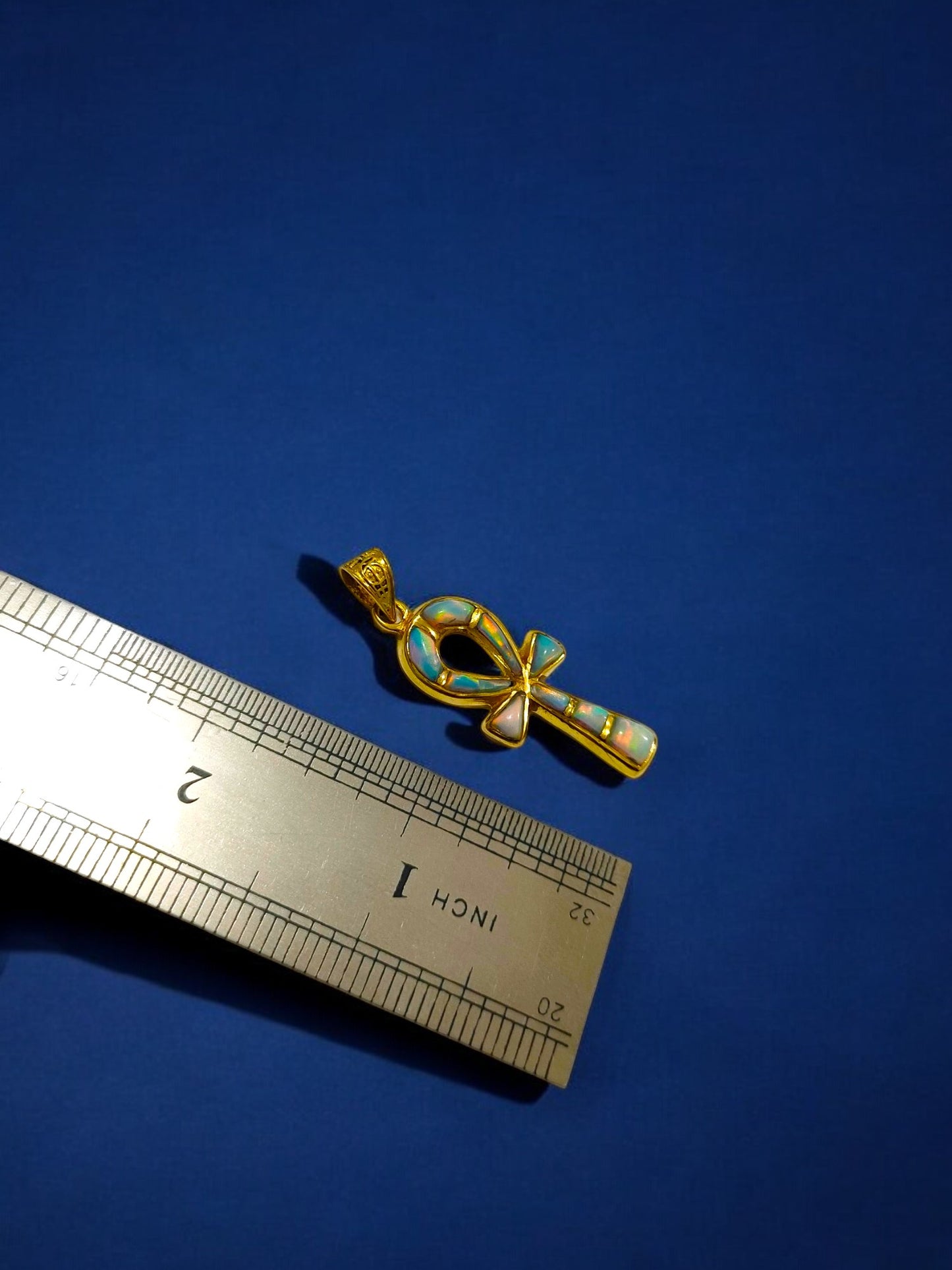 Gold Opal Key Of Life Ankh Pendant, Egyptian Revival Divine Minimalist Necklace