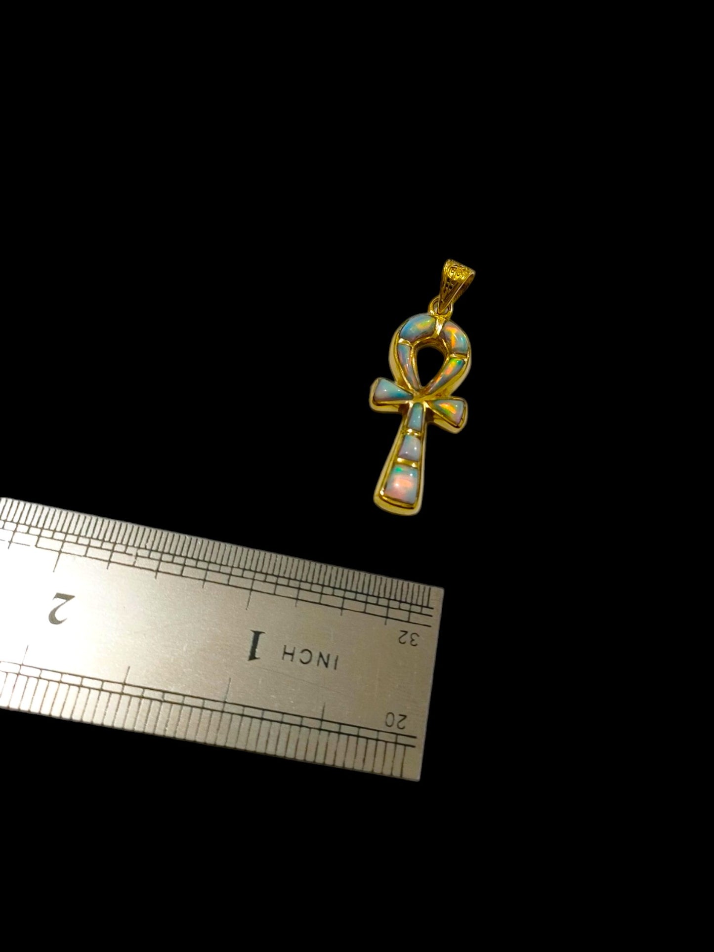 Gold Opal Key Of Life Ankh Pendant, Egyptian Revival Divine Minimalist Necklace