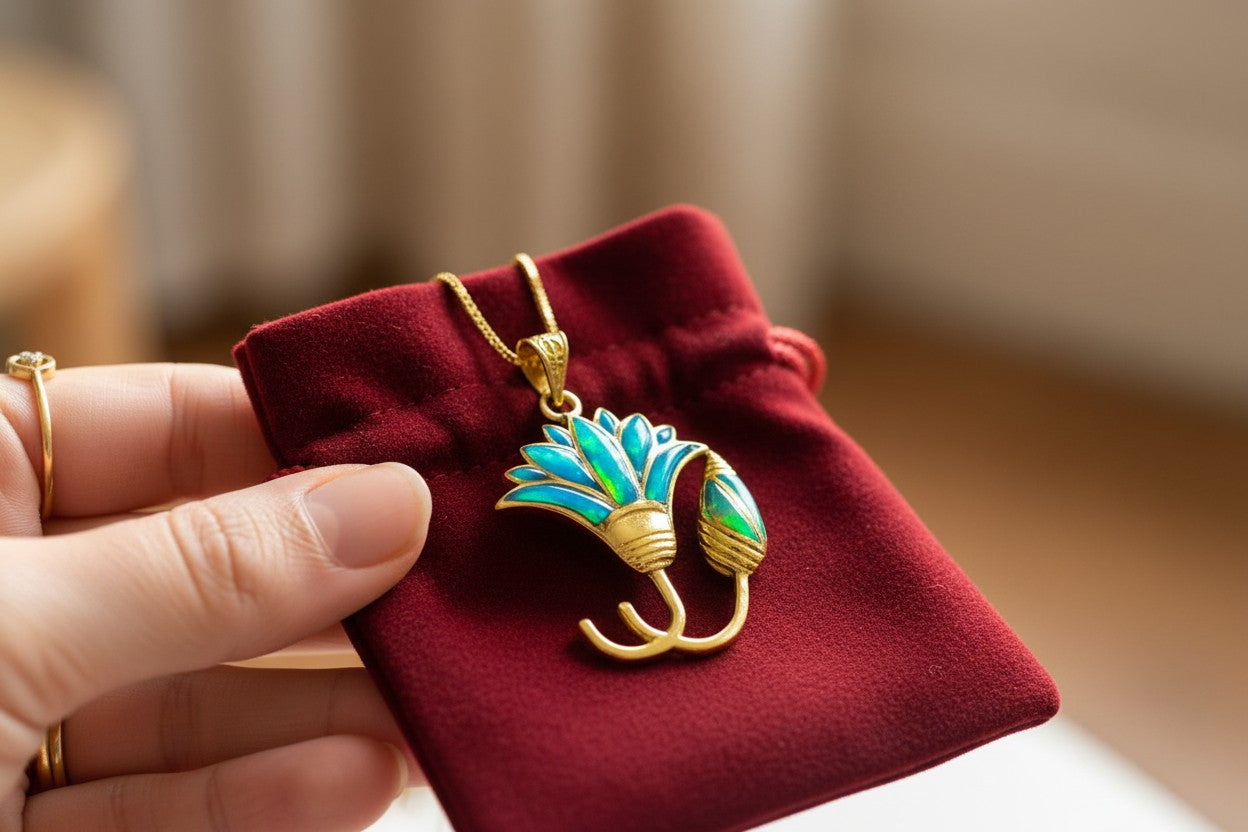 Gold Blue Opal Lotus Flower Pendant, Egyptian Necklace