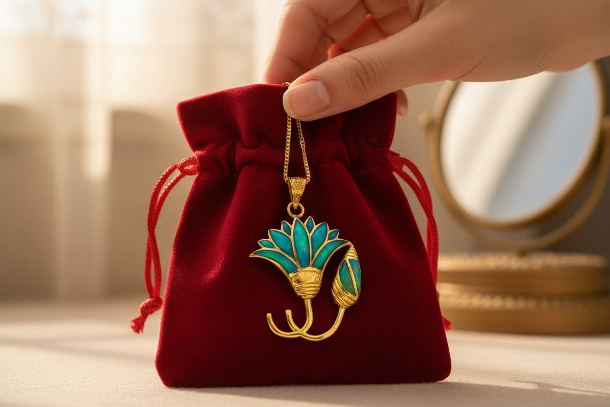 Gold Blue Opal Lotus Flower Pendant, Egyptian Necklace