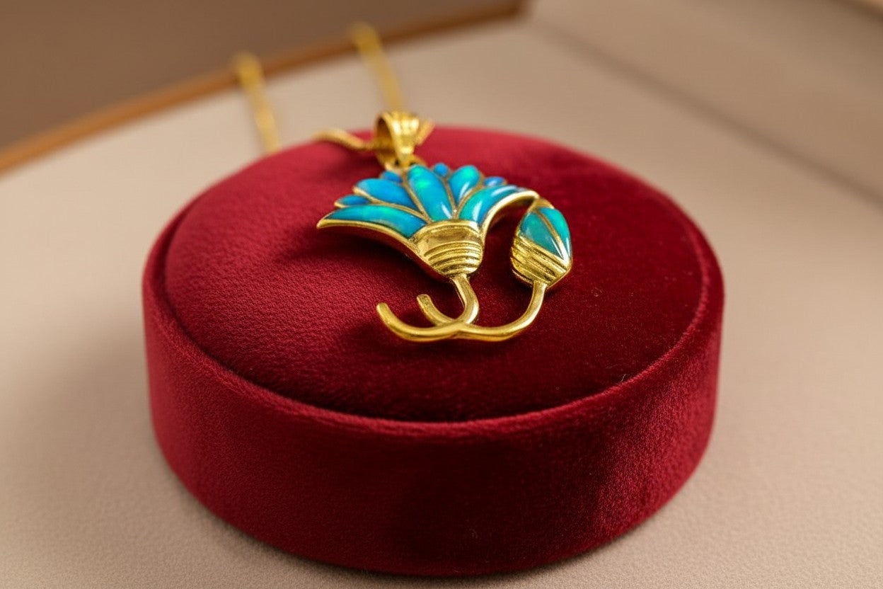 Gold Blue Opal Lotus Flower Pendant, Egyptian Necklace