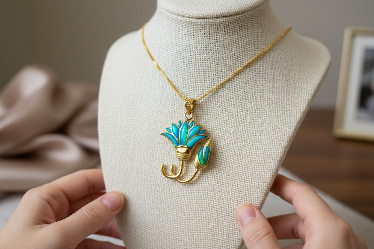 Gold Blue Opal Lotus Flower Pendant, Egyptian Necklace