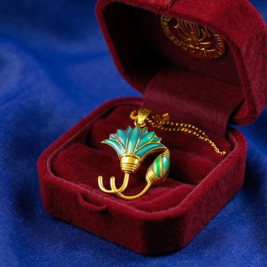Gold Blue Opal Lotus Flower Pendant, Egyptian Necklace