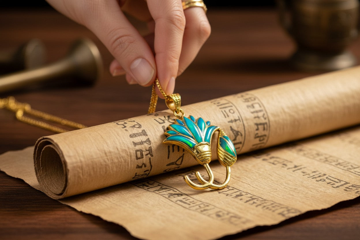 Gold Blue Opal Lotus Flower Pendant, Egyptian Necklace