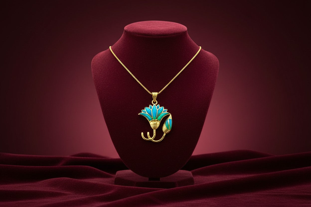 Gold Blue Opal Lotus Flower Pendant, Egyptian Necklace