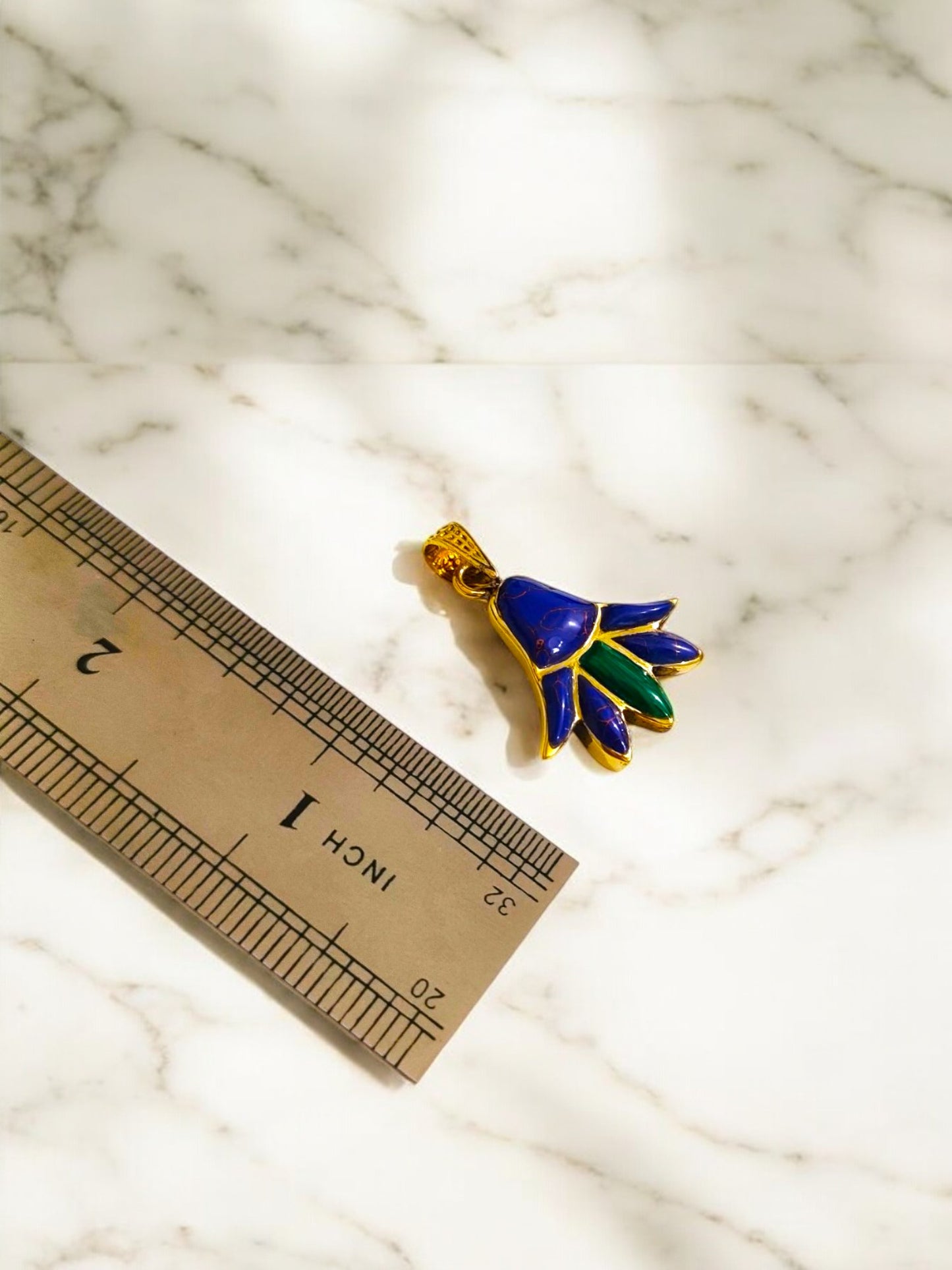 Gold Lotus Flower Pendant, Egyptian Talisman with Lapis Lazuli & Malachite