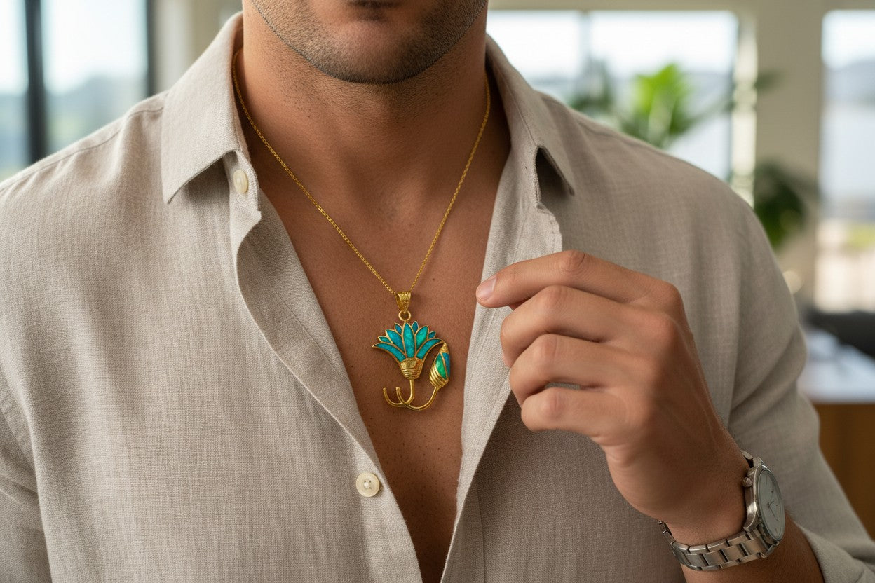 Gold Blue Opal Lotus Flower Pendant, Egyptian Necklace