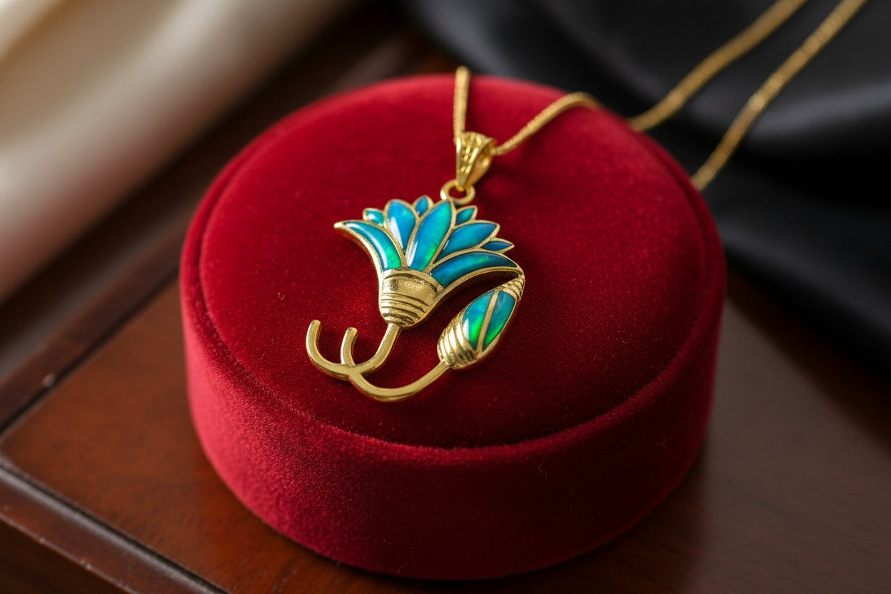 Gold Blue Opal Lotus Flower Pendant, Egyptian Necklace