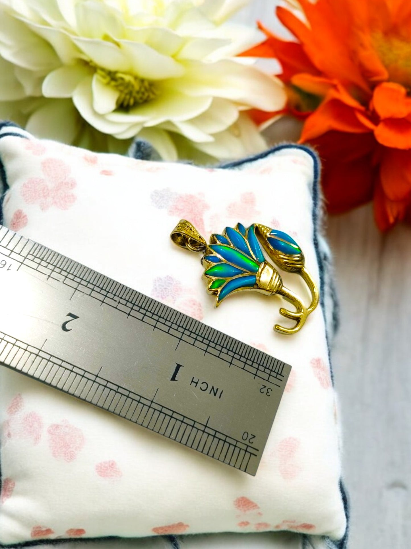 Gold Blue Opal Lotus Flower Pendant, Egyptian Necklace
