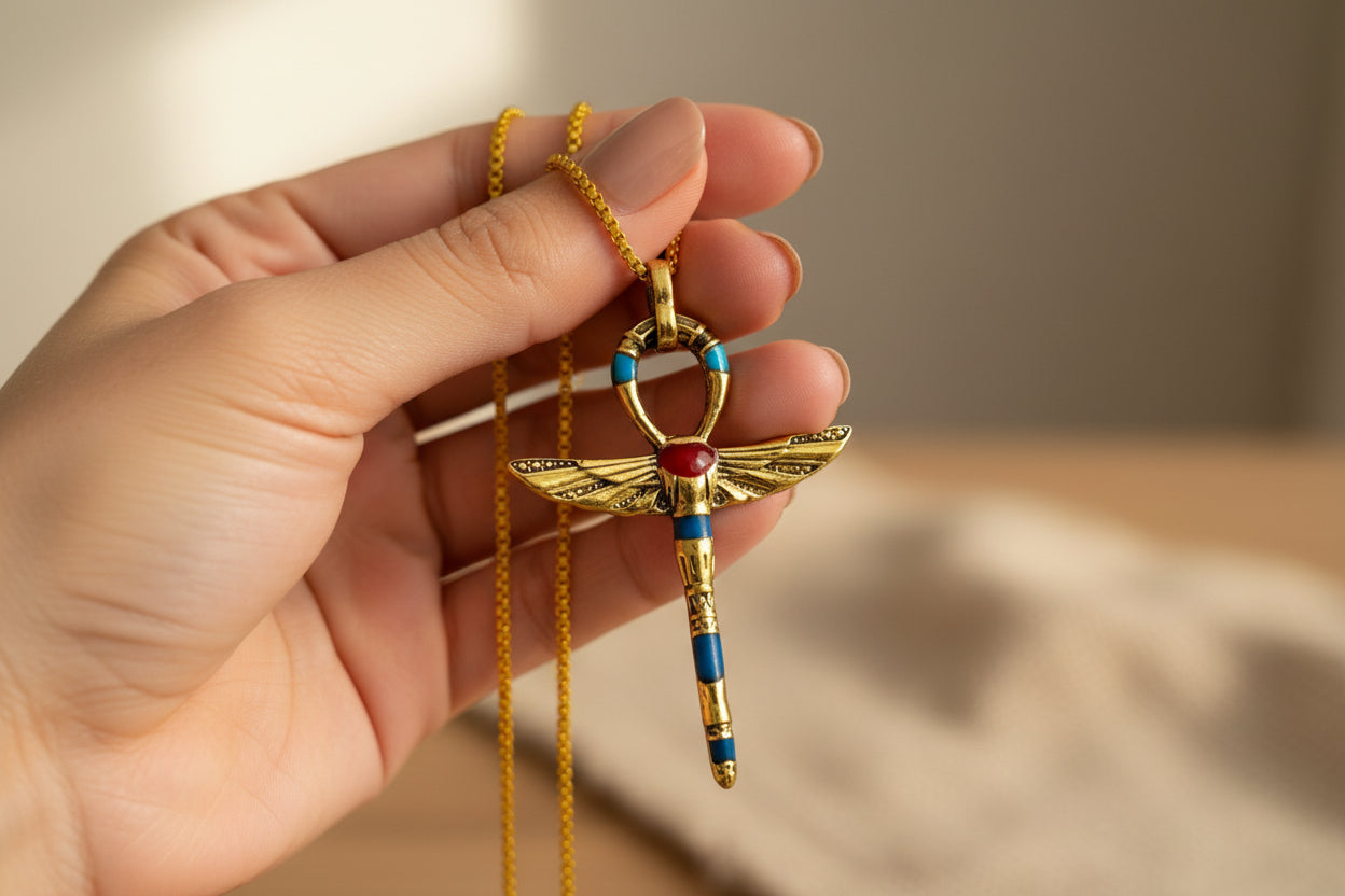 Gold Winged Ankh Pendant Necklace, Egyptian Key of Life Talisman
