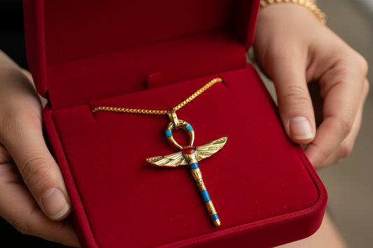 Gold Winged Ankh Pendant Necklace, Egyptian Key of Life Talisman