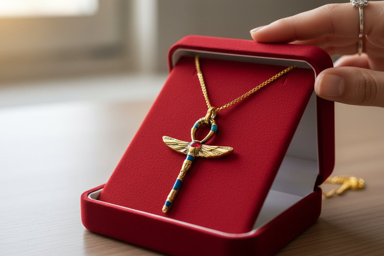 Gold Winged Ankh Pendant Necklace, Egyptian Key of Life Talisman