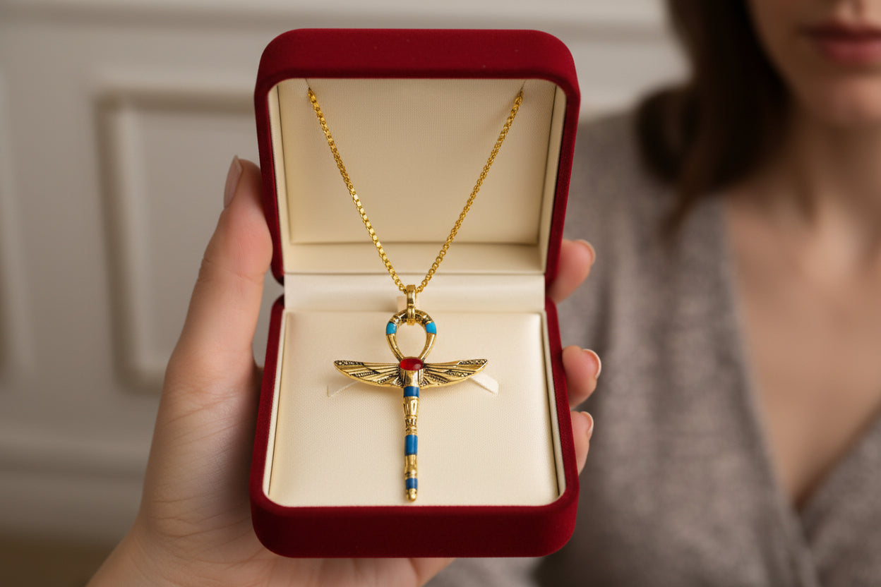 Gold Winged Ankh Pendant Necklace, Egyptian Key of Life Talisman