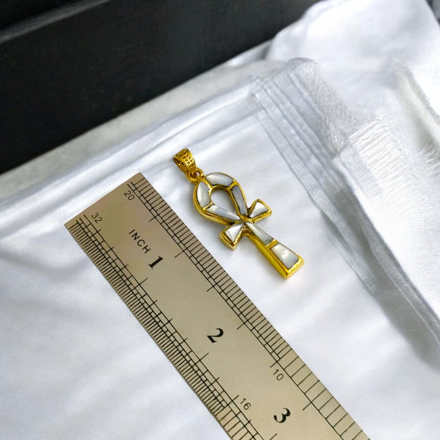 Gold Ankh Necklace, Mother of Pearl Egyptian Key of Life Pendant