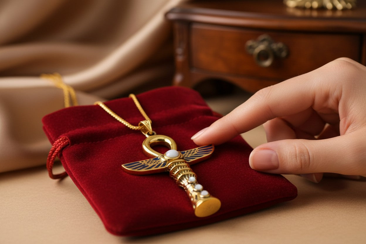 Gold Winged Ankh Necklace, Large Egyptian Key of Life with Mother of Pearl