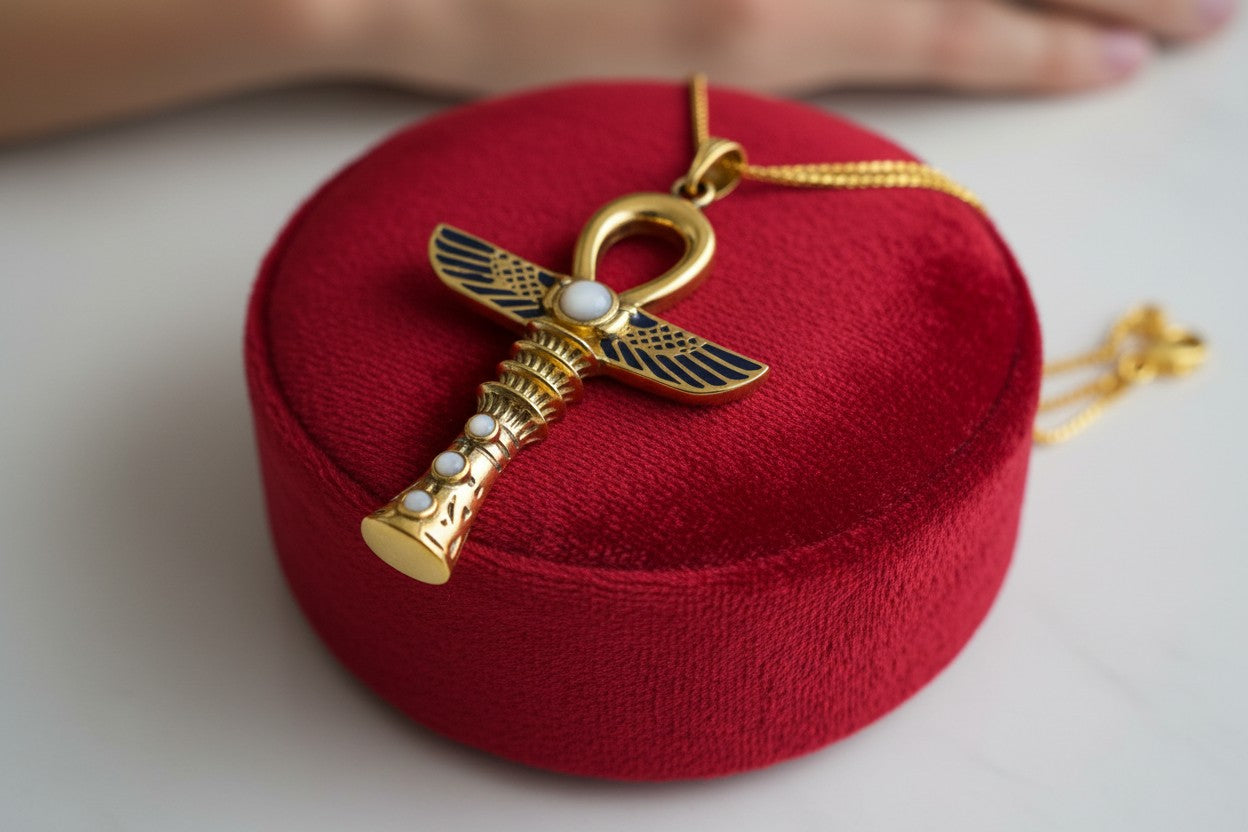 Gold Winged Ankh Necklace, Large Egyptian Key of Life with Mother of Pearl