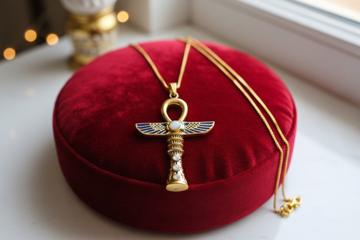 Gold Winged Ankh Necklace, Large Egyptian Key of Life with Mother of Pearl