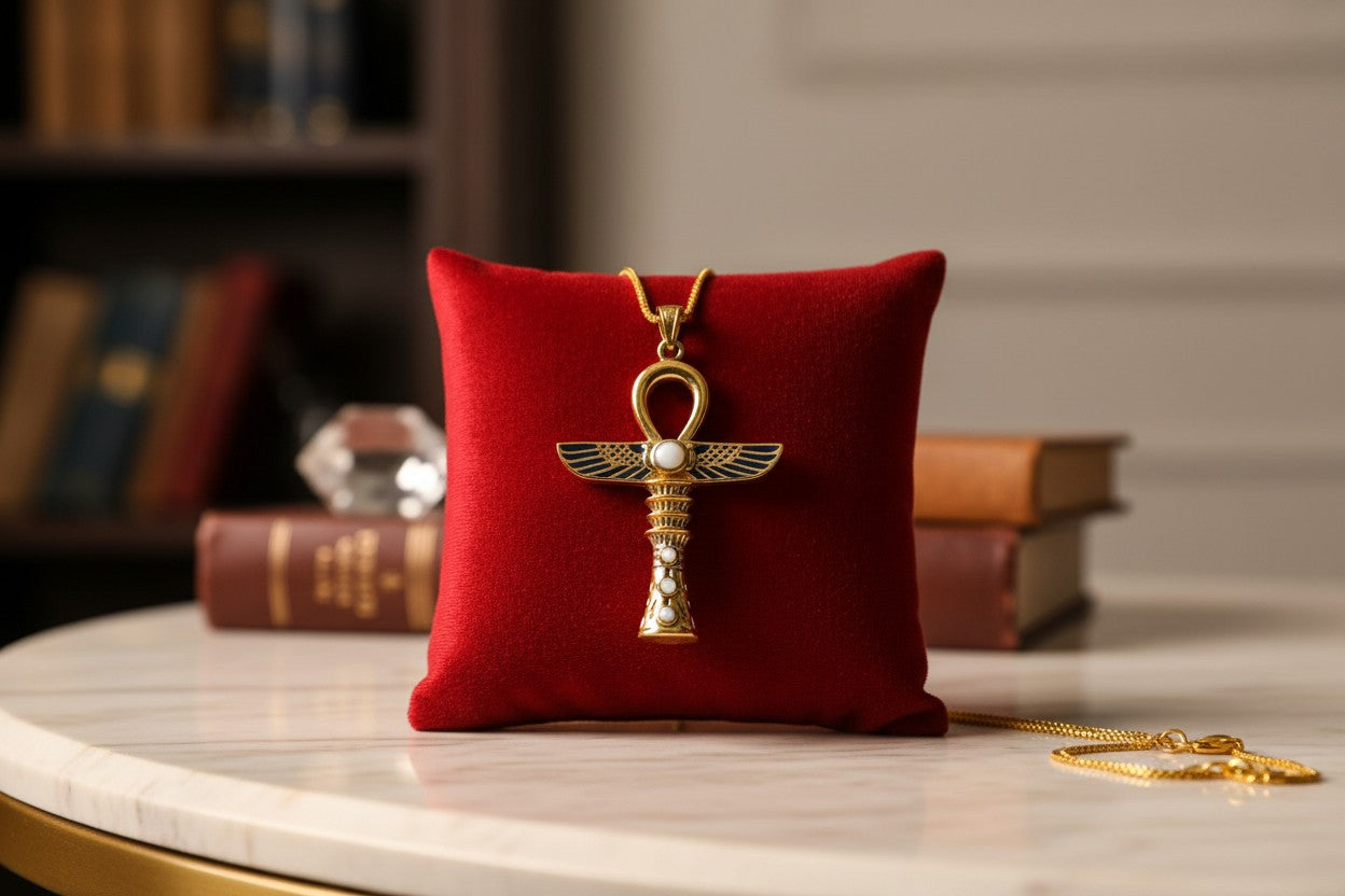 Gold Winged Ankh Necklace, Large Egyptian Key of Life with Mother of Pearl