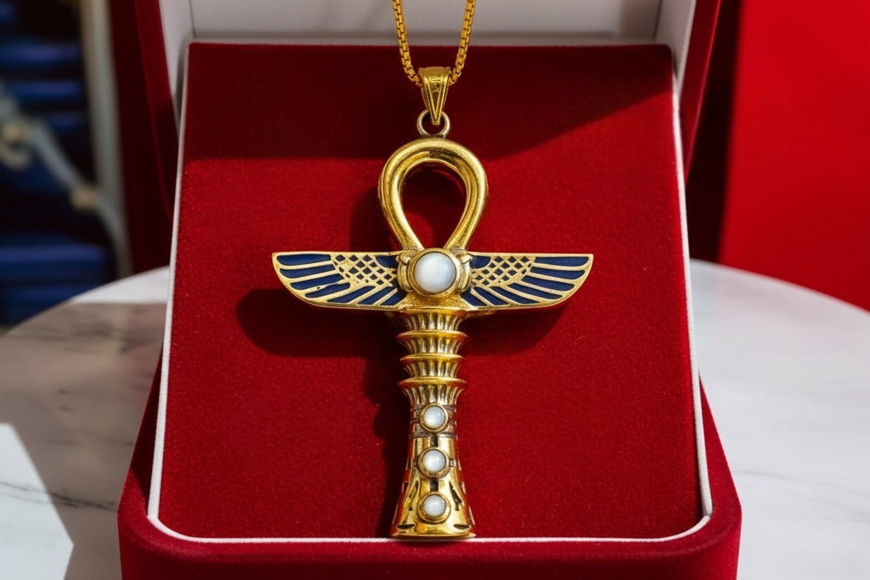 Gold Winged Ankh Necklace, Large Egyptian Key of Life with Mother of Pearl