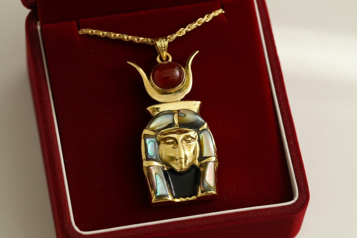 Gold Goddess Hathor Pendant, Abalone & Agate, Egyptian Revival Jewelry