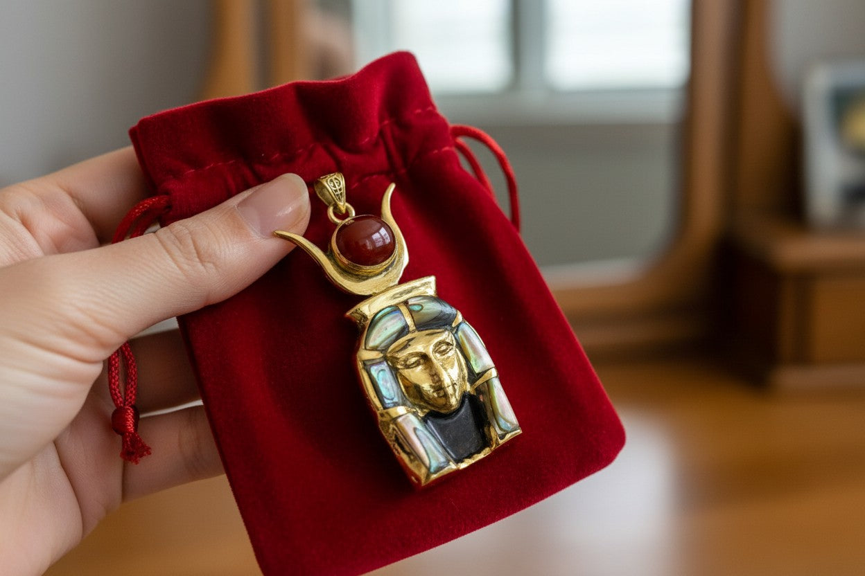 Gold Goddess Hathor Pendant, Abalone & Agate, Egyptian Revival Jewelry