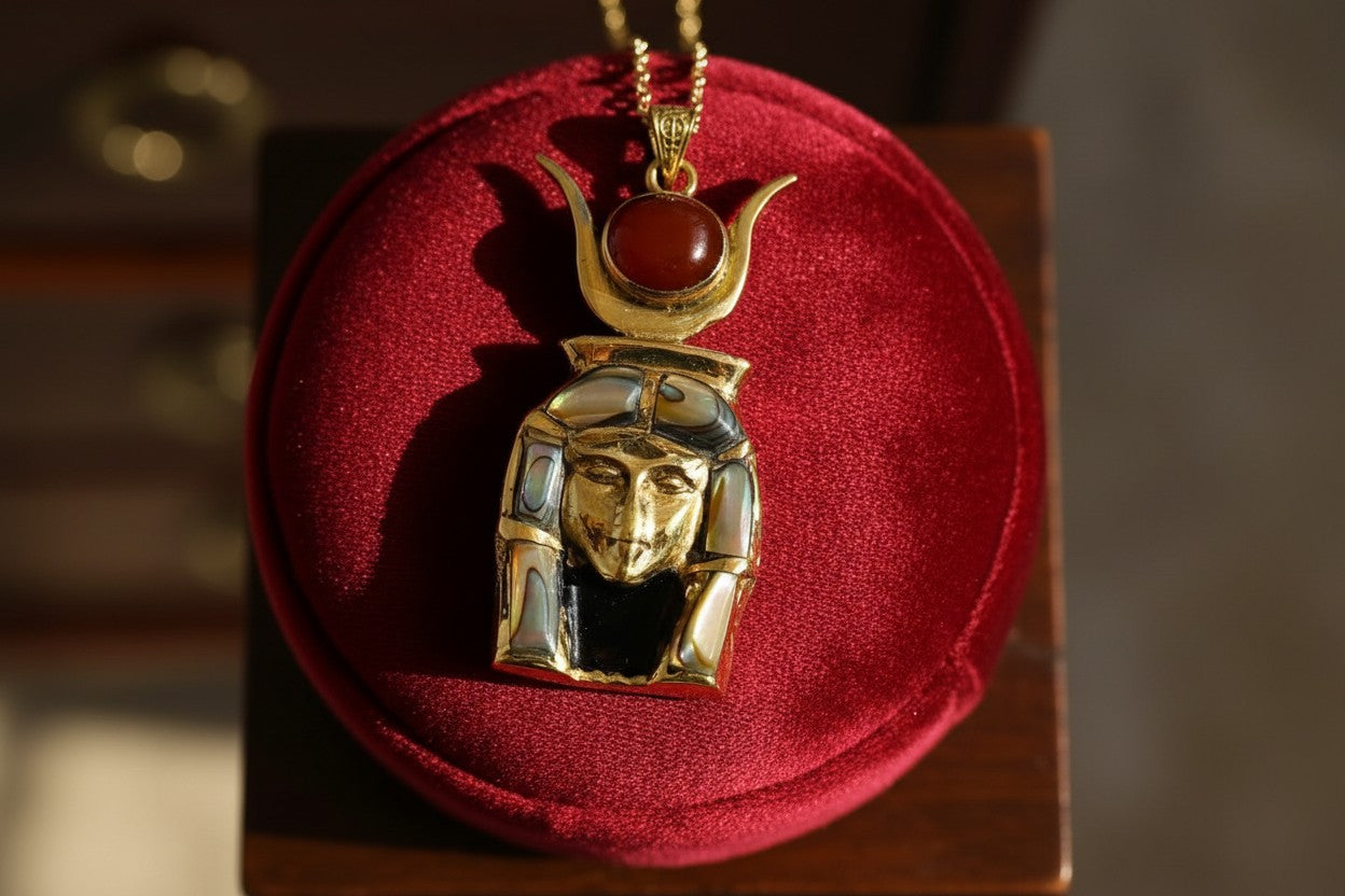 Gold Goddess Hathor Pendant, Abalone & Agate, Egyptian Revival Jewelry