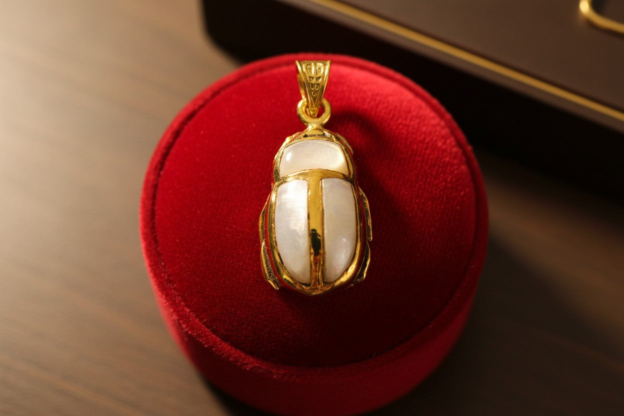 Gold Scarab Mother of Pearl Pendant, Egyptian Revival Necklace
