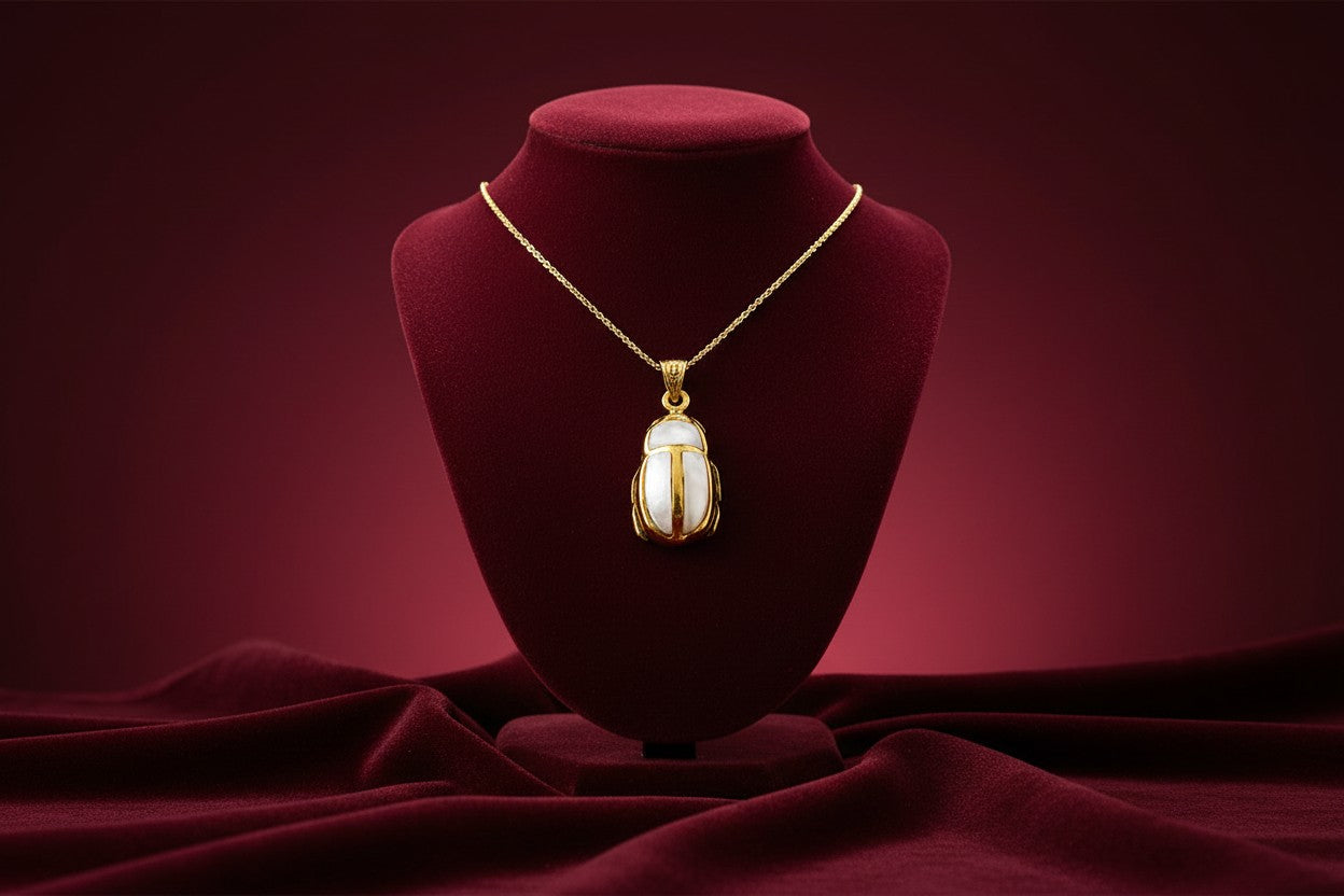 Gold Scarab Mother of Pearl Pendant, Egyptian Revival Necklace