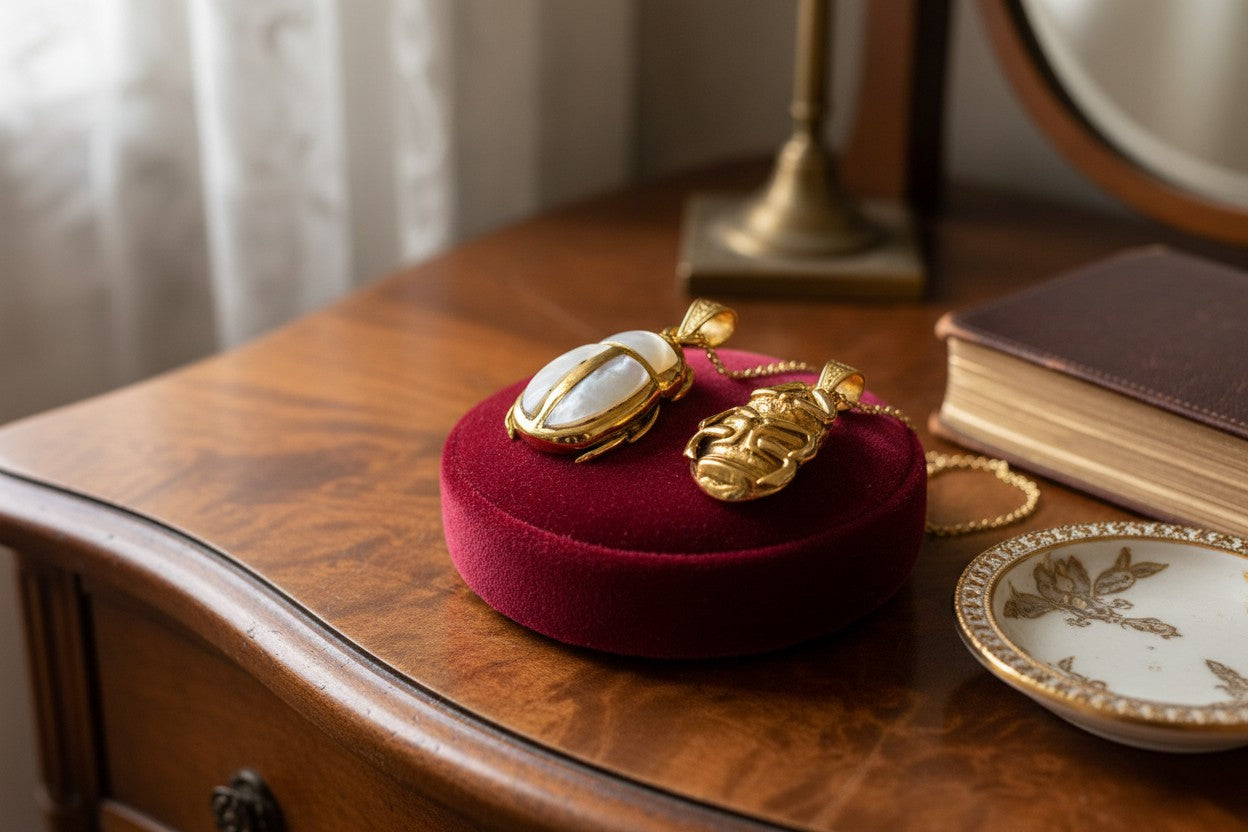 Gold Scarab Mother of Pearl Pendant, Egyptian Revival Necklace