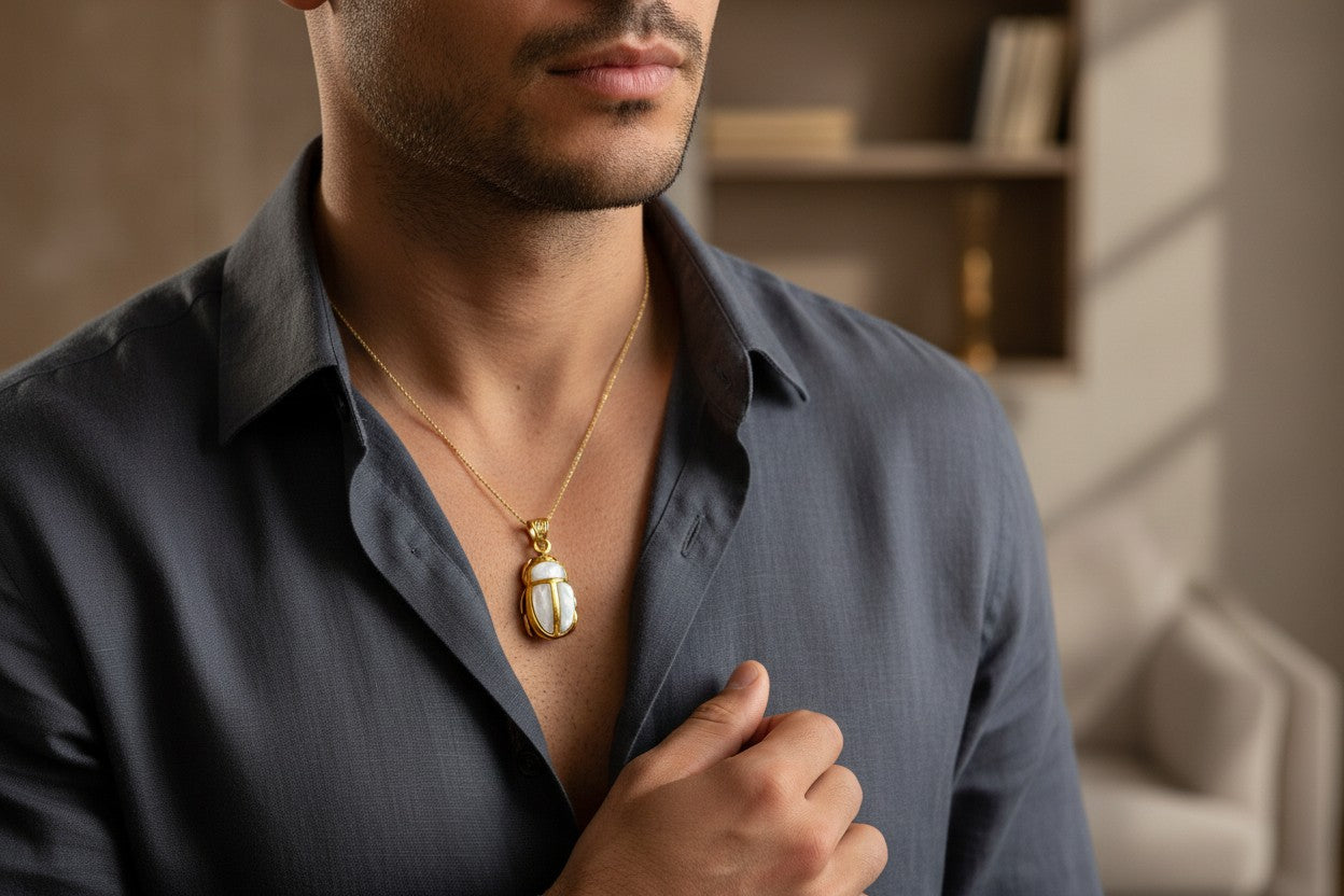 Gold Scarab Mother of Pearl Pendant, Egyptian Revival Necklace