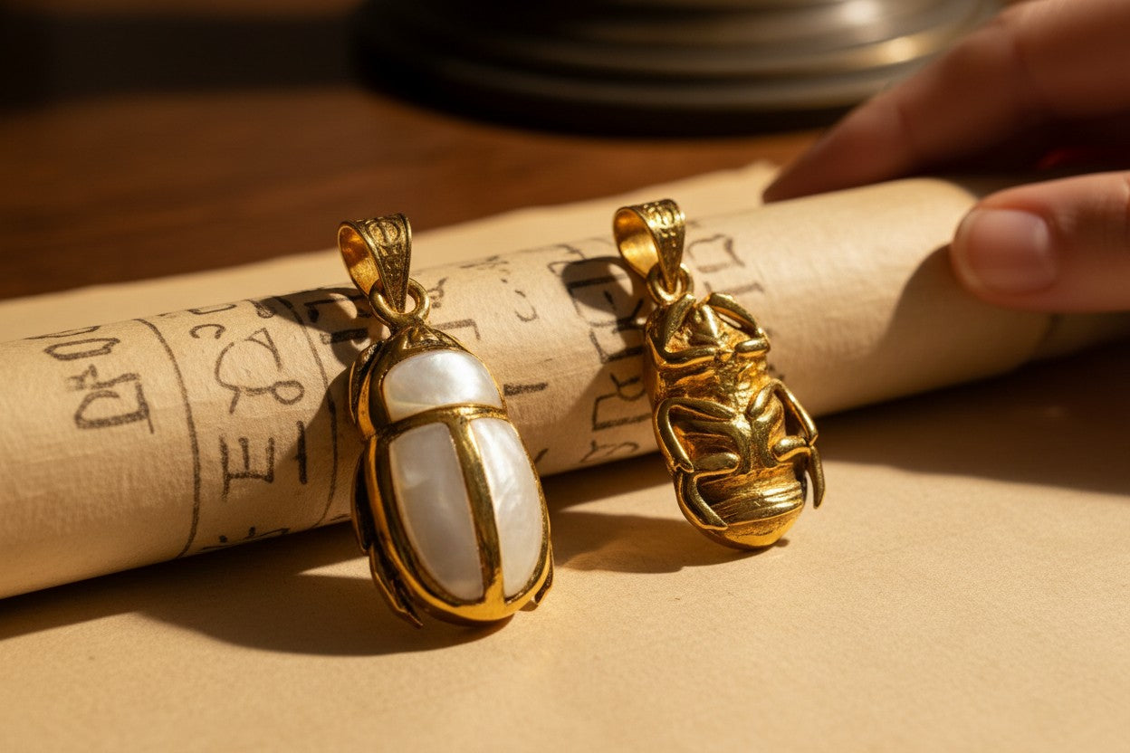 Gold Scarab Mother of Pearl Pendant, Egyptian Revival Necklace