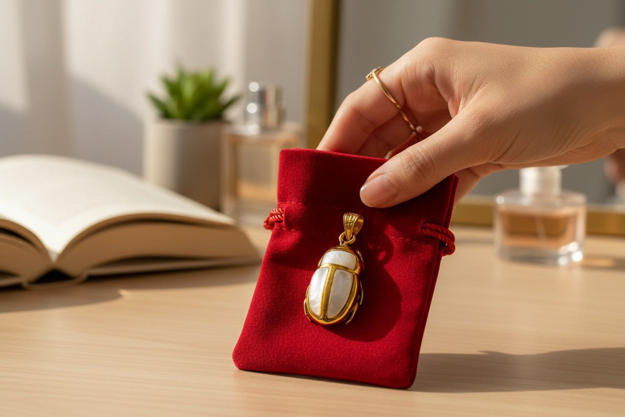 Gold Scarab Mother of Pearl Pendant, Egyptian Revival Necklace