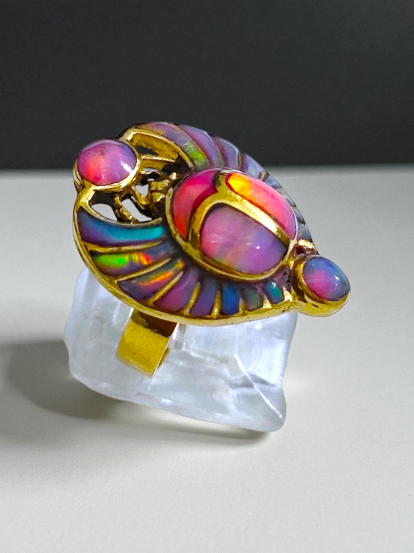 Opal Pinky Gold Scarab Ring, Egyptian Talisman, Adjustable Ring