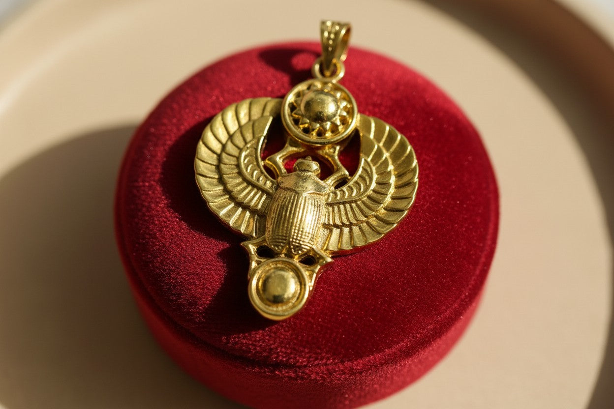 Gold Winged Sun Disk Scarab Beetle Pendant, Egyptian Revival Necklace