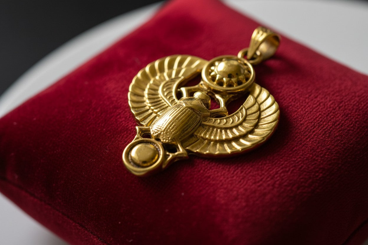Gold Winged Sun Disk Scarab Beetle Pendant, Egyptian Revival Necklace